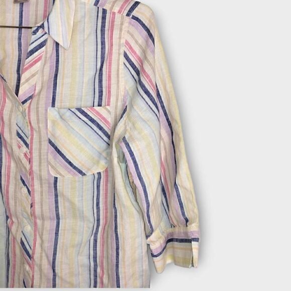 Chicos Womens Top Sz 8 Linen Stripes 3/4‎ Sleeves Button Front Pocket Casual - Picture 4 of 10